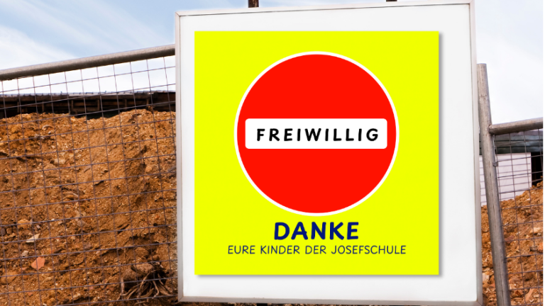 Hinweisschild mit rotem Kreis, Gelb und Text: "Freiwillig" und "Danke".
