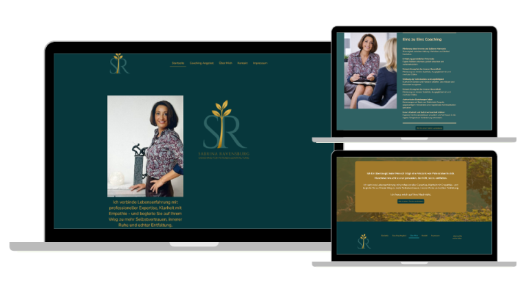 Website-Layout mit verschiedenen Ansichten, präsentiert eine Person und zentrale Informationen.