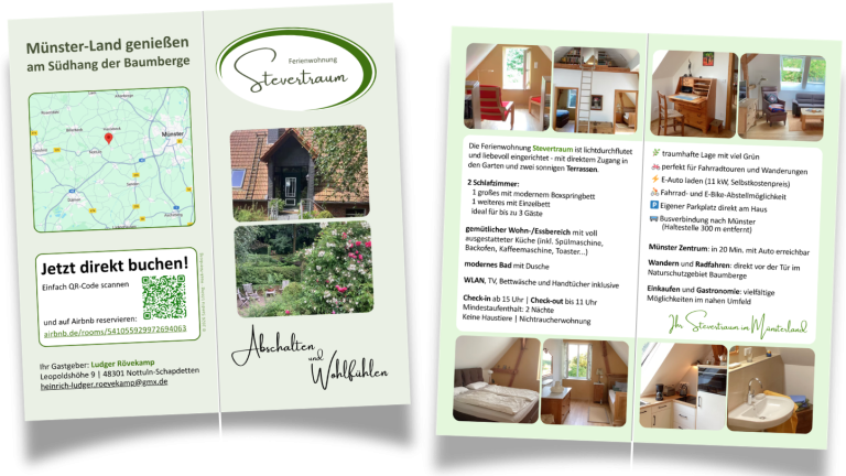 Flyer: Ein Faltprospekt mit Karten, Bildern und Informationen zu Unterkünften und Dienstleistungen.