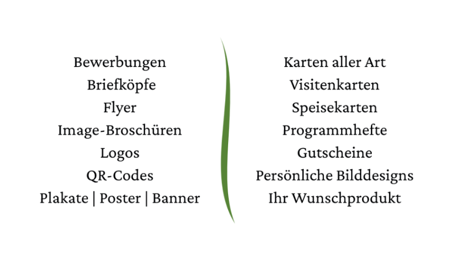 Eine Liste von Druckprodukten und Dienstleistungen für verschiedene Anlässe.