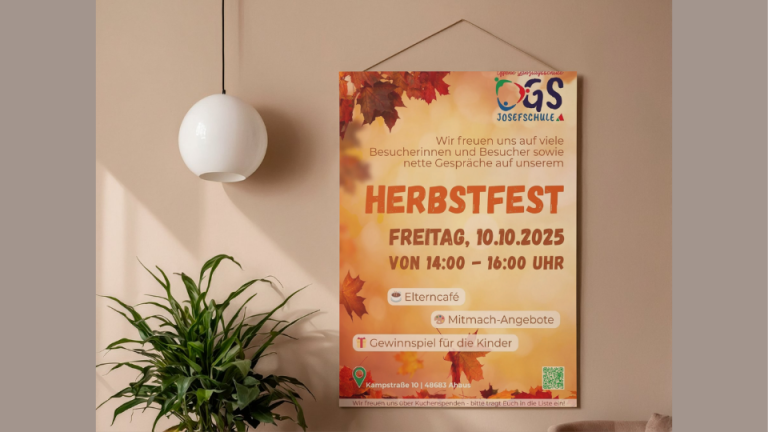 Plakat für Herbstfest mit Termininformationen und herbstlichen dekorativen Elementen.