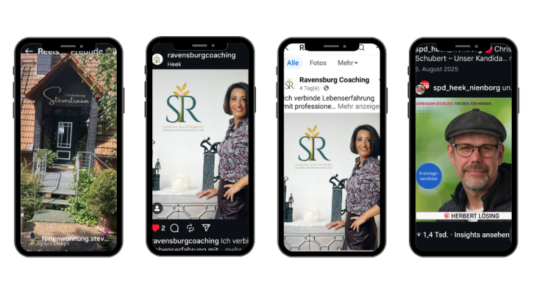 Vier Smartphones zeigen verschiedene Social-Media-Beiträge und Bilder